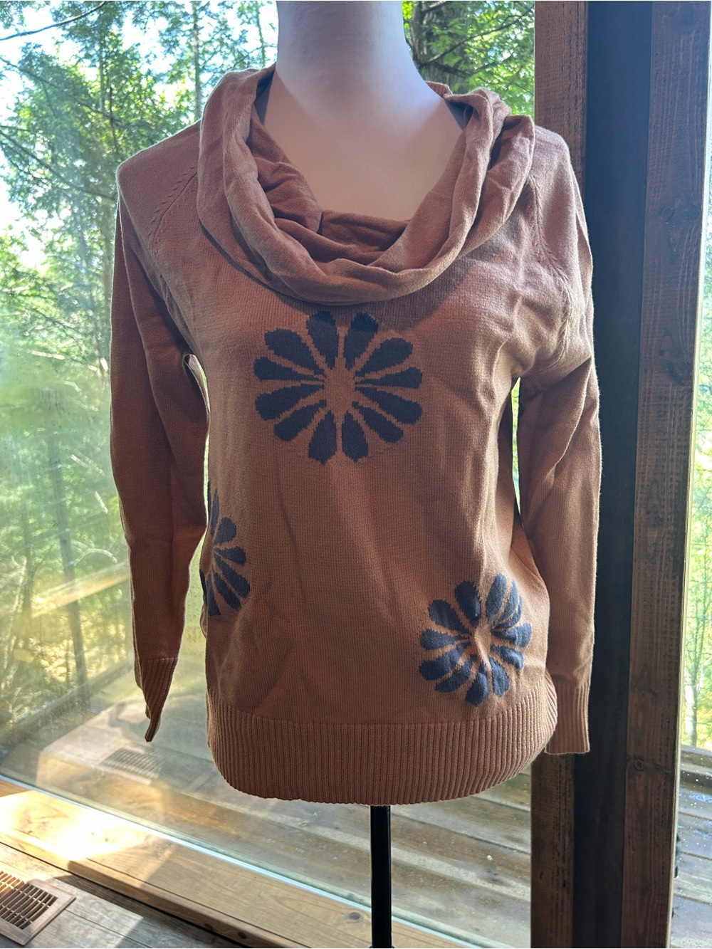 Women’s Cowl Neck Sweater in Rust with Floral Motif medium